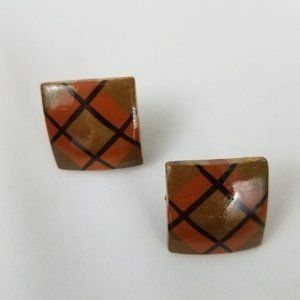 Square Wood Vintage Clip Back Earrings Brown Diamond Design